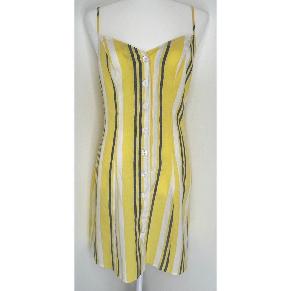 Lefties Button Front Yellow Dress Women Small Cross Back V-Neck Stripe